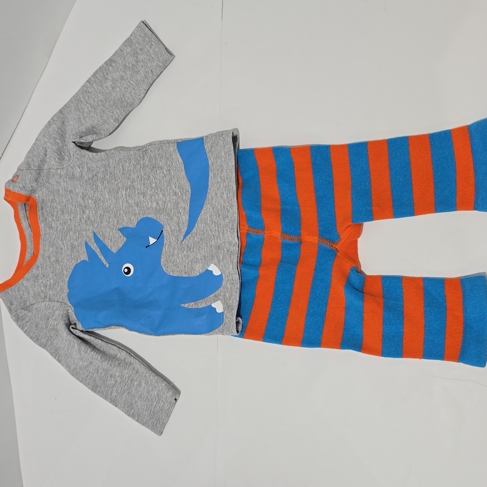 Dino Baby Pajama Set Gray and Orange Blue Stripes 0-6  Months Like New